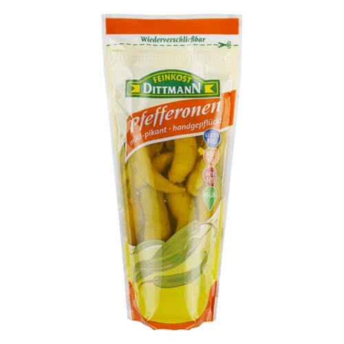 Feinkost Dittmann Pfefferonen mild pikant handgepflückt Plastikbeutel wiederverschließbar 200 g