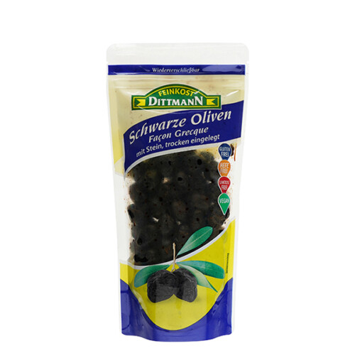 Feinkost Dittmann Schwarze Oliven Facon Grecque mit Stein trocken eingelegt in Plastiktüte wiederverschließbar 250 g