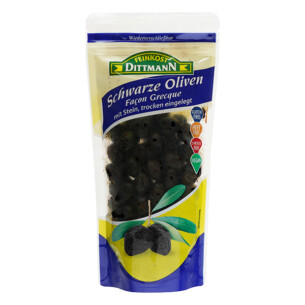 Feinkost Dittmann Oliven schwarz mit Stein trocken eingelegt in Plastikbeutel wiederverschließbar 250 g