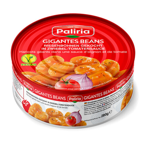 Paliria gekochte Riesenbohnen in Zwiebel Tomatensauce Vegan in der Dose 280 g