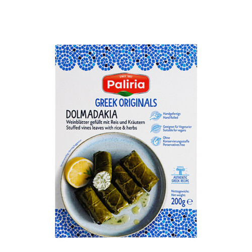 Paliria Greek originals Dolmadakia Weinblätter gefüllt mit Reis und Kräutern Handgefertigt geeignet für Vegetarier ohne Konservierungsstoffe Plastikverpackung 200 g