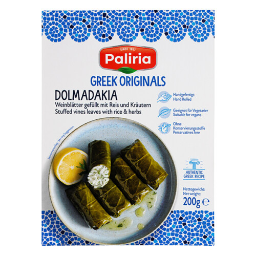 Paliria Greek originals Dolmadakia Weinblätter gefüllt mit Reis und Kräutern Handgefertigt geeignet für Vegetarier ohne Konservierungsstoffe Plastikverpackung 200 g