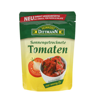 Feinkost Dittmann Sonnengetrocknete Tomaten direkt verzehrfertig handverlesen nur wenig Öl Plastiktüte 125 g