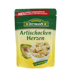 Feinkost Dittmann Artischocken Herzen direkt verzehrfertig handverlesen nur wenig Öl Plastiktüte 125 g
