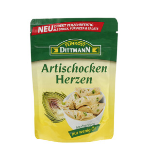 Feinkost Dittmann Artischocken Herzen direkt verzehrfertig handverlesen nur wenig Öl Plastiktüte 125 g