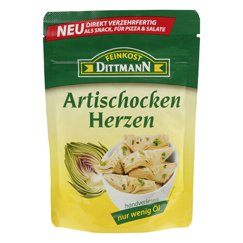 Feinkost Dittmann Artischocken Herzen direkt verzehrfertig handverlesen nur wenig Öl Plastiktüte 125 g