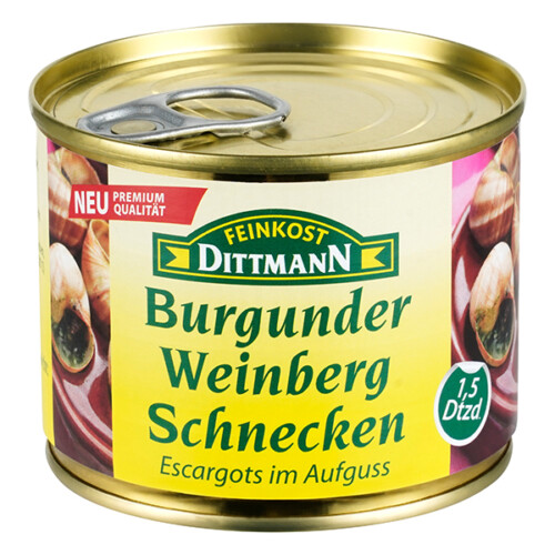 Feinkost Dittmann Burgunder Weinbergschnecken Escargots im Aufguss in der Dose 1,5 Dutzend 125 g