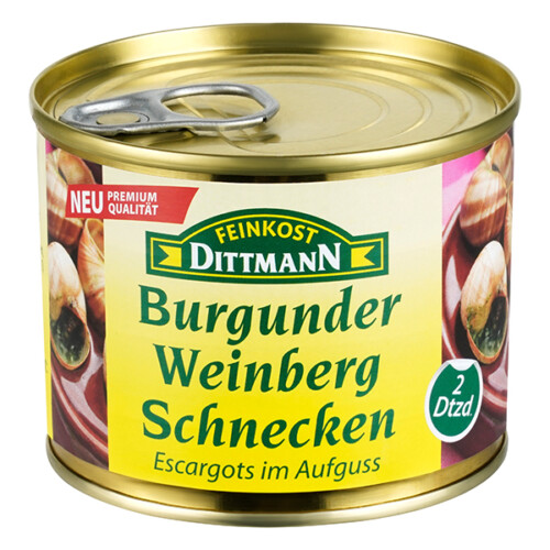 Feinkost Dittmann Burgunder Weinbergschnecken Escargots in der Dose 2 Dutzend 125 g