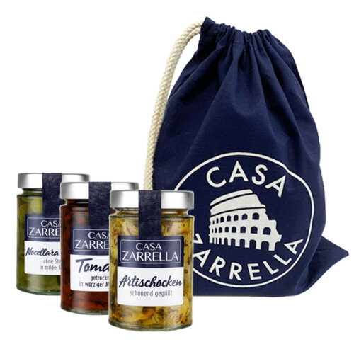 Casa Zarrella Geschenkset bestehend aus Nocellara del Belice Oliven im Glas 140 g Tomaten getrocknet im Glas 290 g Artischocken schonend gegrillt im Glas 280 g inklusive Casa Zarrella Stoffbeutel