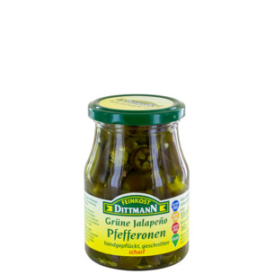 Feinkost Dittmann Grüne Jalapeno Ringe Pfefferonen handgepflückt geschnitten scharf im Glas 160 g
