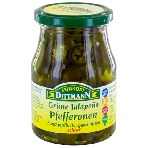 Feinkost Dittmann Grüne Jalapeno Ringe Pfefferonen handgepflückt geschnitten scharf im Glas 160 g