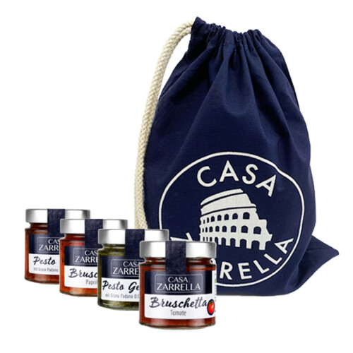 Casa Zarrella Pesto und Bruschetta Geschenkset bestehend aus Pesto Rosso im Glas 180 g Bruschetta Tomate im Glas 180 g Pesto Genovese im Glas 180 g Bruschetta Paprika im Glas 180 g inklusive Casa Zarrella Stoffbeutel
