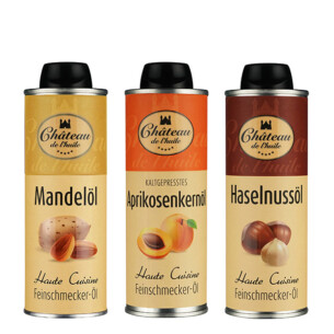 Chateau de l'huile Backset 3 Teilig Mandelöl in Blechflasche 250 ml kaltgepresstes Aprikosenöl in Blechflasche 250 ml Haselnussöl in Blechflasche 250 ml