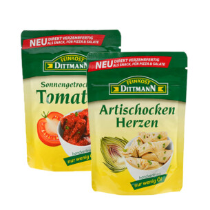 Feinkost Dittmann Snackbeutel Set bestehend aus Sonnengetrockneten Tomaten und Artischocken Herzen beides direkt verzehrfertig handverlesen und in nur wenig Öl jeweils in einem Plastikbeutel 125 g