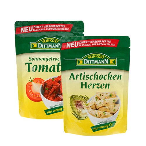 Feinkost Dittmann Snackbeutel Set bestehend aus Sonnengetrockneten Tomaten und Artischocken Herzen beides direkt verzehrfertig handverlesen und in nur wenig Öl jeweils in einem Plastikbeutel 125 g