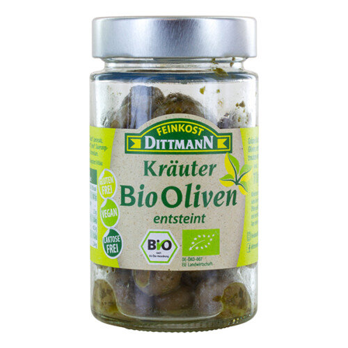 Feinkost Dittmann Kräuter Bio Oliven grün entsteint im Glas 110 g