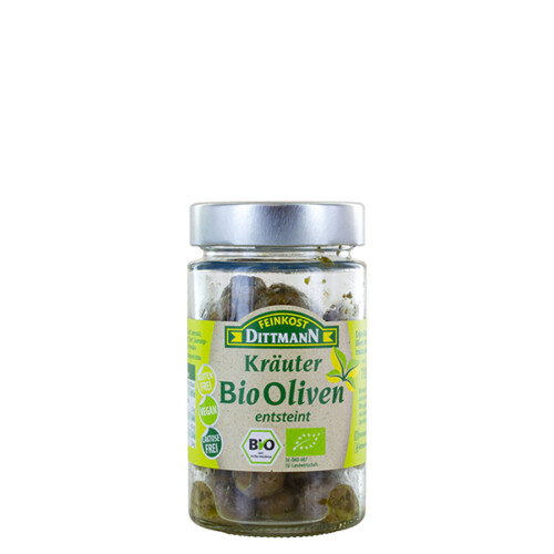 Feinkost Dittmann Kräuter Bio Oliven grün entsteint im Glas 110 g