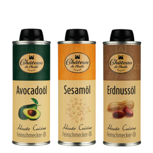 Chateau de l'huile Bowlset Premiumöle 3 Teilig bestehend aus Avocadoöl in Blechflasche 250 ml Sesamöl in Blechflasche 250 ml Erdnussöl in Blechflasche 250 ml