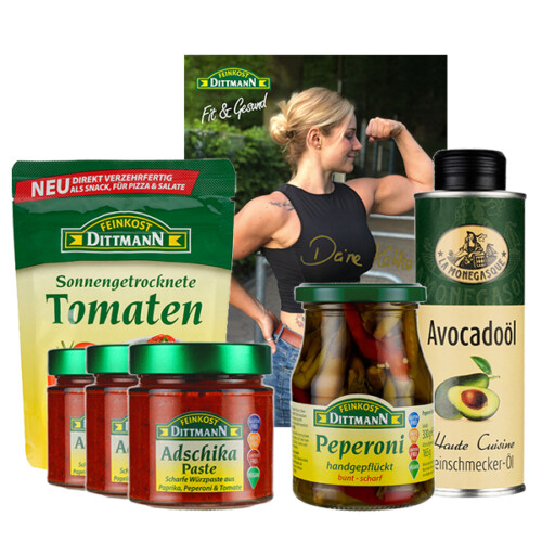 Feinkost Dittmann x Katha Fitness Paket: Adschika Paste, getrocknete Tomaten, Avocadoöl, bunte Peperoni und Autogrammkarte