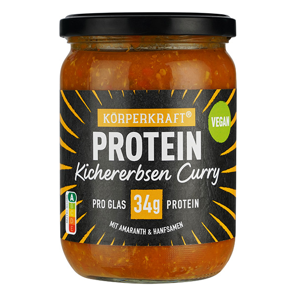 Körperkraft Protein Kichererbsen Curry Vegan mit Amaranth und Hanfsamen pro Glas 34 g Protein im Glas 530 g