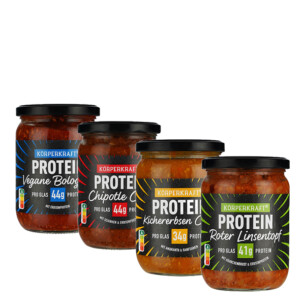Körperkraft Protein Kennenlern Set 4 teilig bestehend aus Vegane Bolognese mit Erbsenprotein pro Glas 44 g Protein im Glas 530 g Chipotle Chili mit Schinken und Erbsenprotein pro Glas 44 g Protein im Glas 530 g Kichererbsen Curry mit Amaranth und Hanfsamen pro Glas 34 g Protein im Glas 530 g Roter Linsentopf mit Hähnchenbrust und Erbsenprotein pro Glas 41 g Protein im Glas 530 g