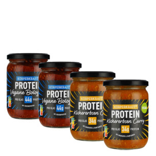Körperkraft Protein Vegan Set bestehend aus 2 Mal Vegane Bolognese mit Erbsenprotein pro Glas 44 g Protein im Glas jeweils 530 g Kichererbsen Curry mit Amaranth und Hanfsamen pro Glas 34 g Protein im Glas jeweils 530 g
