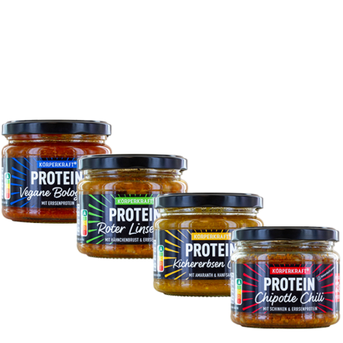 Körperkraft Protein 4-er Probierset einmal vegane Bolognese mit Erbsenprotein im Glas 280 g einmal Roter Linsentopf mit zartem Hähnchenbrustfilet im Glas 280 g einmal Kichererbsen Curry mit Amaranth und Hanfsamen im Glas 280 g und einmal Chipotle Chilli mit magerem Schinken im Glas 280 g
