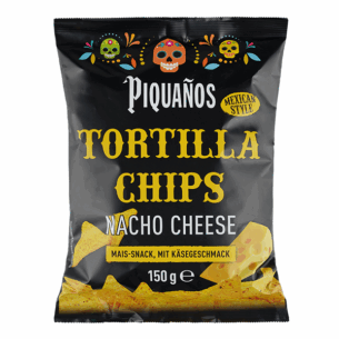 Piquanos Tortilla Chips Nacho Cheese Mais Snack mit Käsegeschmack Mexican Style in Plastiktüte 150 g