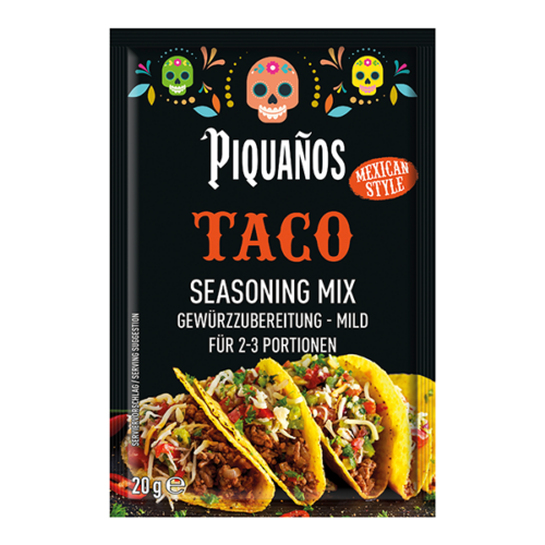 Piquanos Taco Seasoning Mix Gewürzzubereitung Mild Mexican Style für 2 bis 3 Portionen Papiertüte 20 g