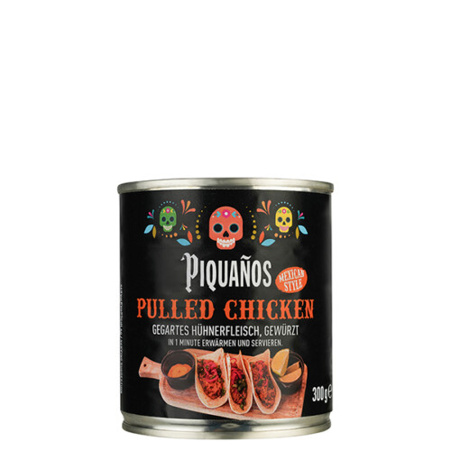 Piquanos Pulled Chicken gegartes Hühnerfleisch gewürzt in 1 Minute erwärmen und servieren Mexican Style in der Dose 300 g