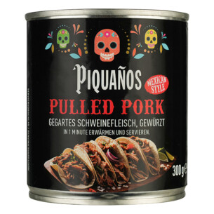 Piquanos Pulled Pork gegartes Schweinefleisch gewürzt in 1 Minute erwärmen und servieren Mexican Style in der Dose 300 g