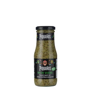 Piquanos Mojo Verde Sauce pikante Sauce mit grüner Paprika und Kräutern Mexican Style in Glasflasche 250 ml