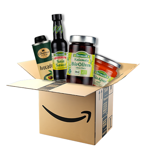 amazon-paket Amazon Karton mit Produkten von Feinkost Dittmann