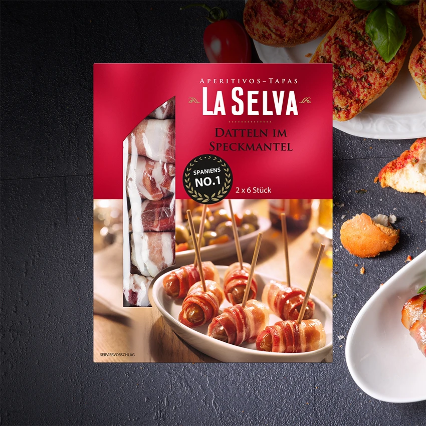 Produkt La Selva Datteln im Speckmantel in der Verpackung